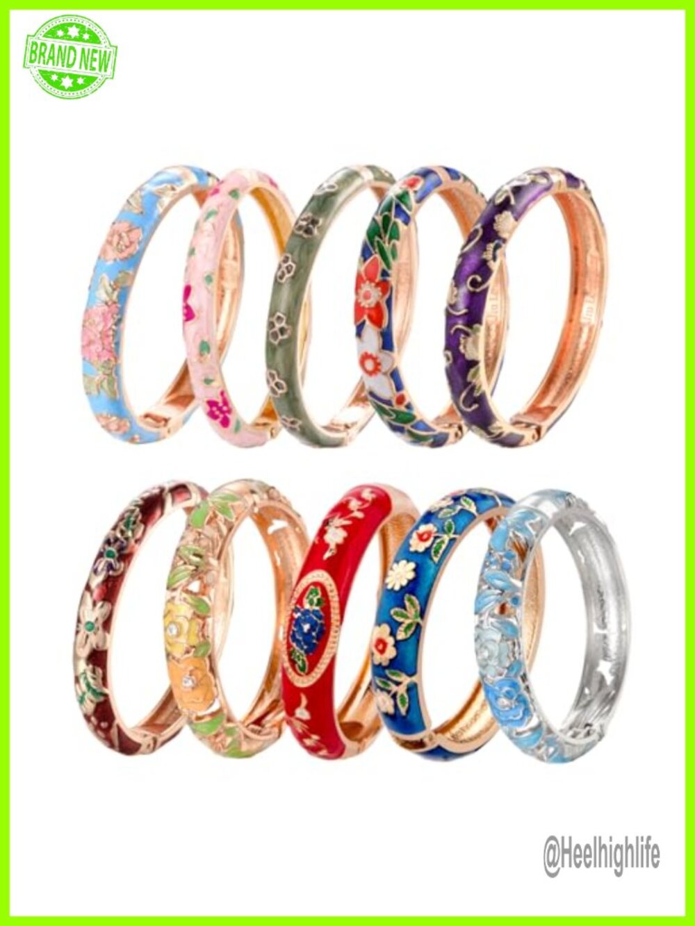 Enamel Bangle Bracelet Set Gold Plated Alloy Floral Engraved 10 Piece Jewelry